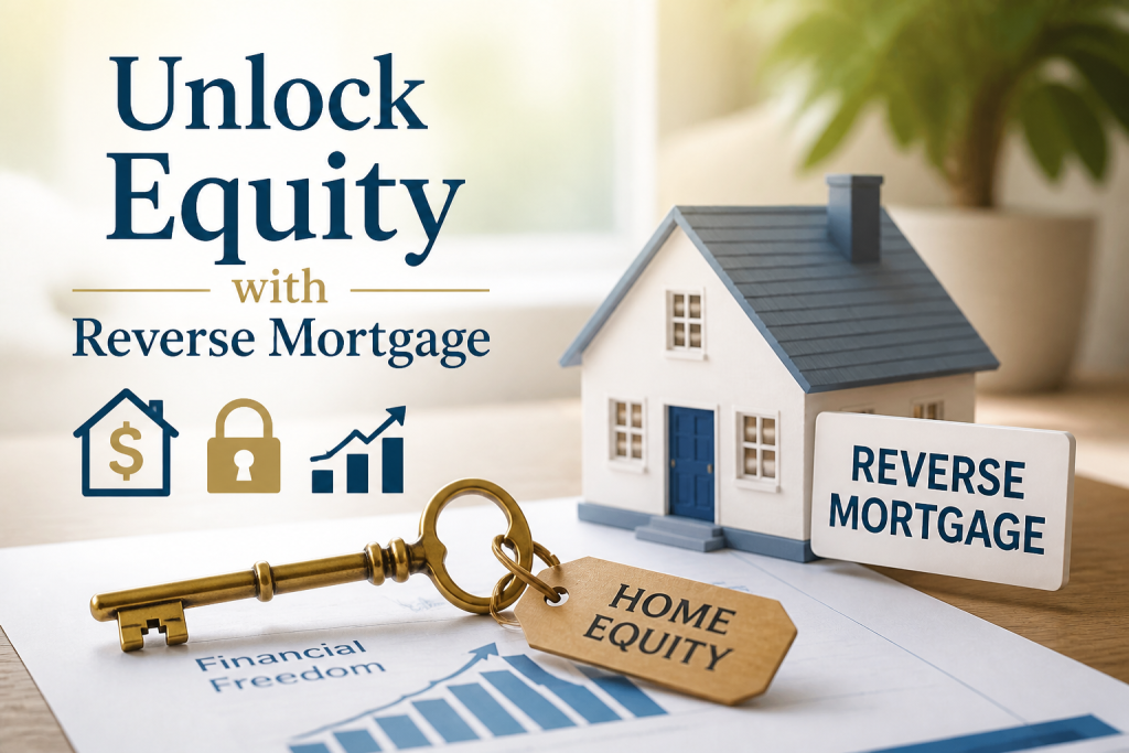 Model house with a key and a 'Reverse Mortgage' sign; text reads 'Unlock Equity' to promote home equity solutions.