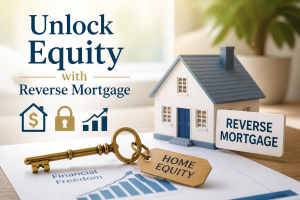 Model house with a key and a 'Reverse Mortgage' sign; text reads 'Unlock Equity' to promote home equity solutions.