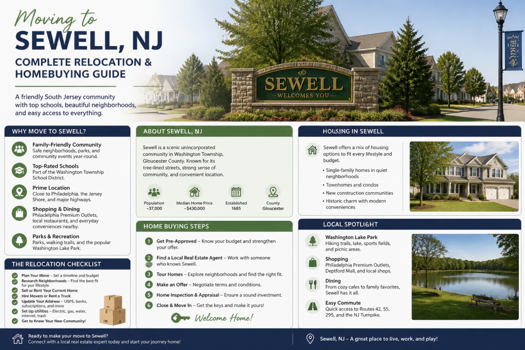 Infographic-style cover image advertising a relocation guide for Sewell, NJ with a large welcome sign and section panels detailing why move, about Sewell, housing, and local spots.
