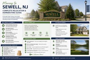Infographic-style cover image advertising a relocation guide for Sewell, NJ with a large welcome sign and section panels detailing why move, about Sewell, housing, and local spots.